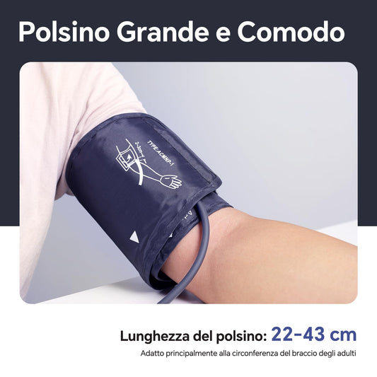 Sinocare Misuratore di Pressione da Braccio (22-42cm) con Indicatore di Rischio, Monitoraggio Domestico dell'Ipertensione, Modalità Doppio Utente con 2x99 Posizioni di Memoria, Rilevamento Aritmie