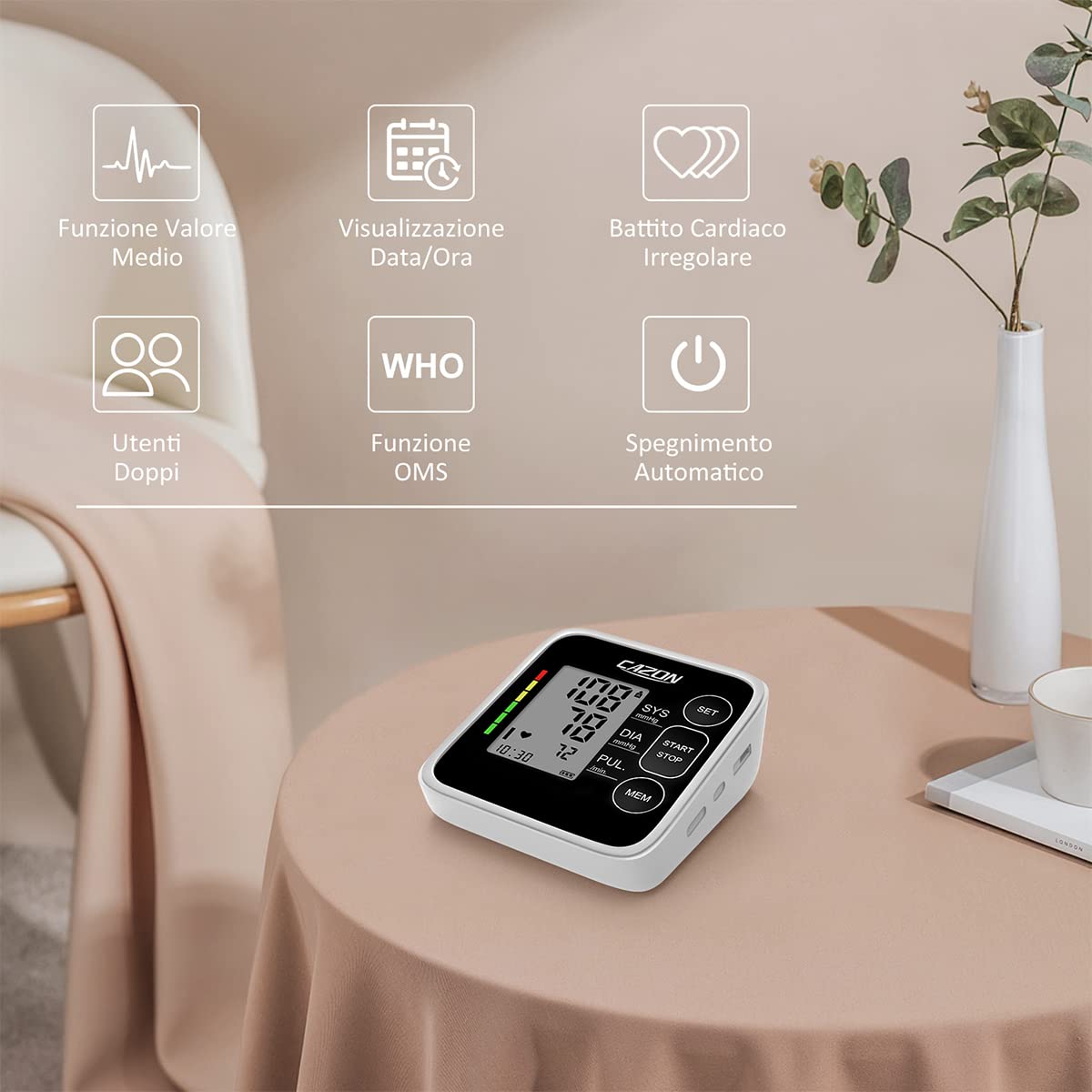 CAZON Misuratore di Pressione Sanguigna, Digitale Automatico da Braccio per uso domestico Misuratore di frequenza cardiaca