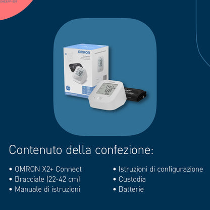 OMRON X2+ Connect, Misuratore di pressione misurazione precisa, Misuratore di pressione da braccio facile da usare ed efficace, Clinicamente validato con Bluetooth e bracciale universale (22–42 cm)