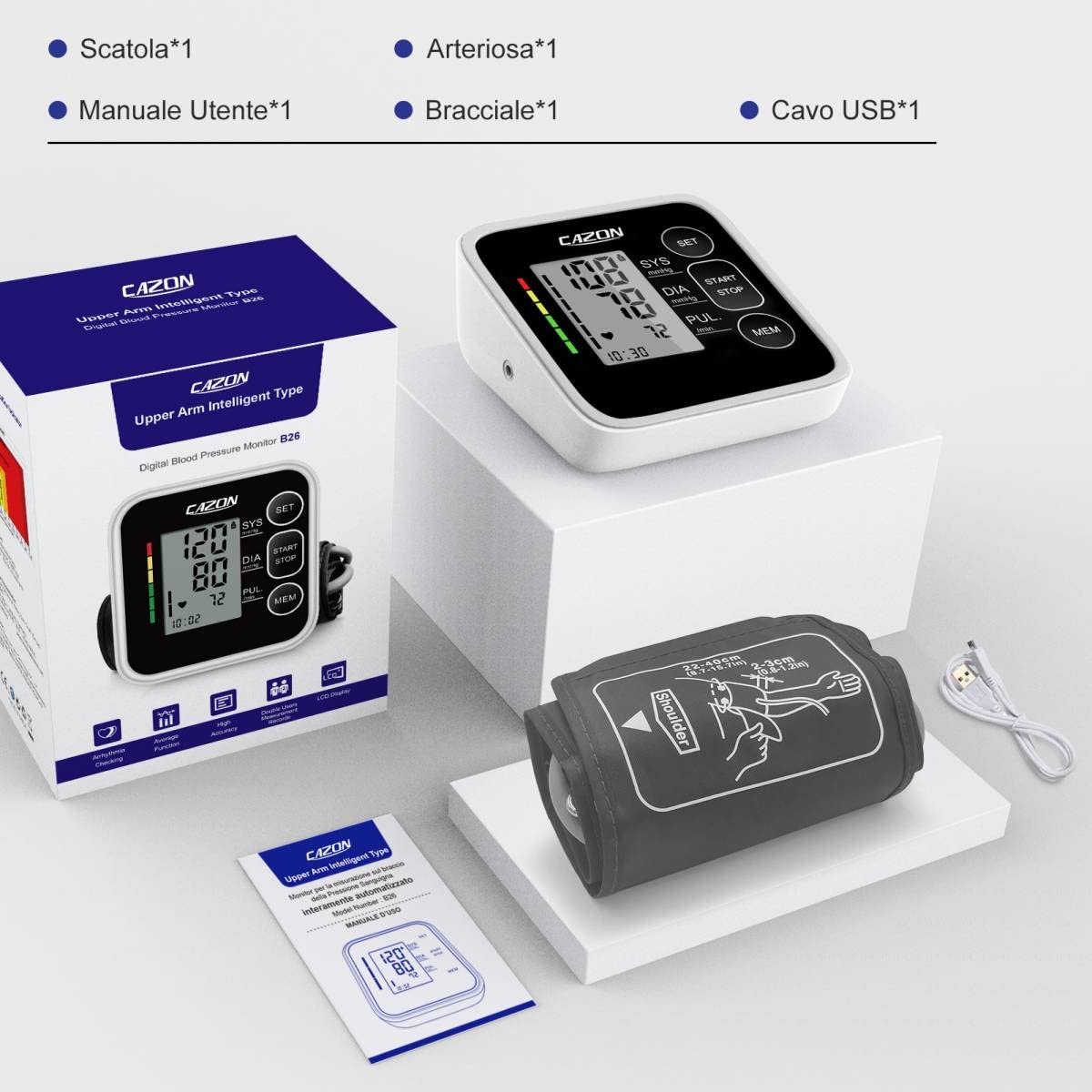 CAZON Misuratore di Pressione Sanguigna, Digitale Automatico da Braccio per uso domestico Misuratore di frequenza cardiaca