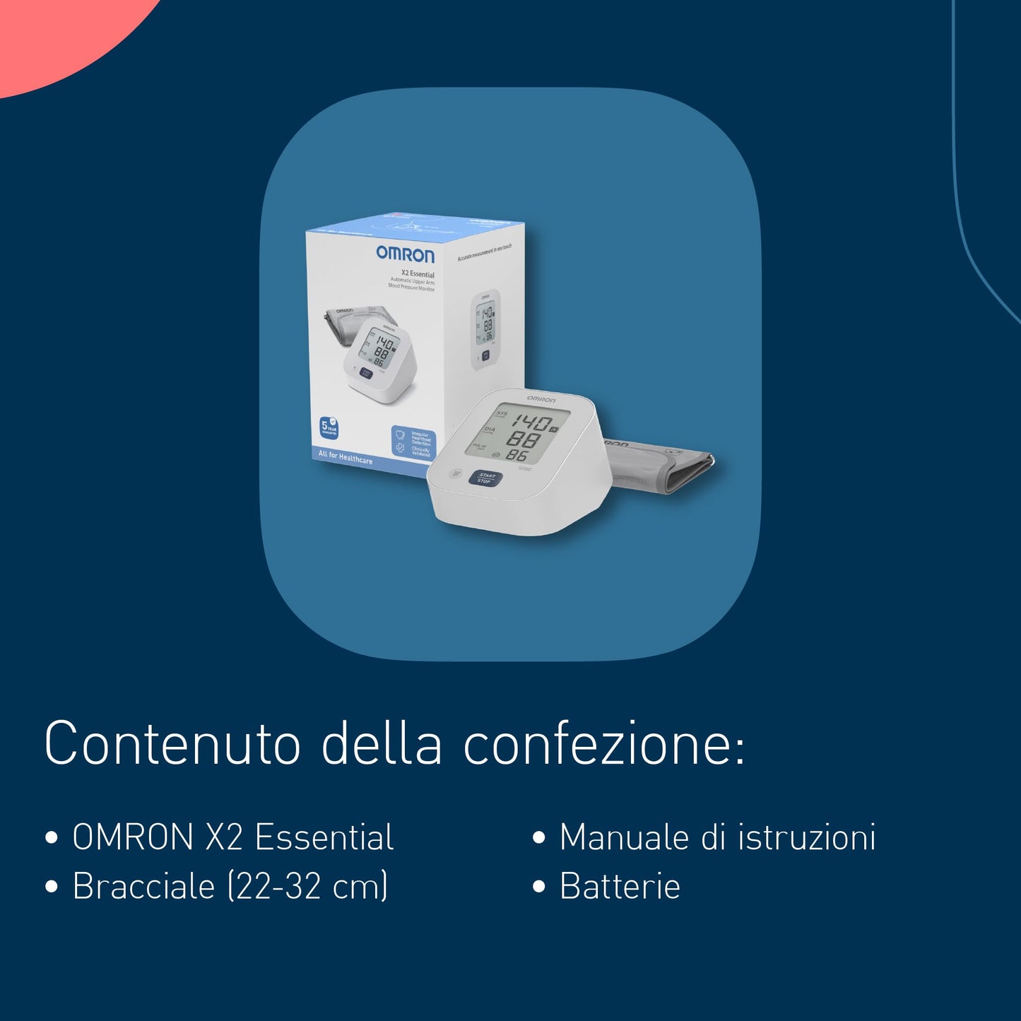 OMRON X2 Essential, Misuratore di pressione arteriosa per uso quotidiano, Misuratore di pressione da braccio facile da usare e affidabile, Clinicamente validato