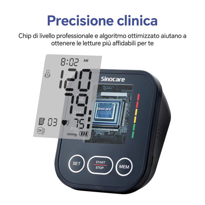 Sinocare Misuratore di Pressione da Braccio (22-42cm) con Indicatore di Rischio, Monitoraggio Domestico dell'Ipertensione, Modalità Doppio Utente con 2x99 Posizioni di Memoria, Rilevamento Aritmie