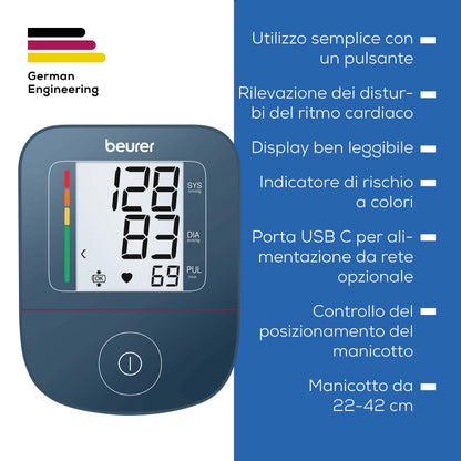 Beurer BM 25 misuratore di pressione da braccio, funzionamento semplice con un pulsante, misurazione precisa, rilevamento aritmie, porta USB-C, polsino 22-42 cm, trasferimento dati a Apple Health