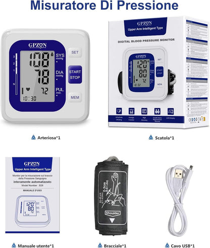 Gpzon B26 Misuratore di Pressione Braccio bracciale Macchina per polsini BP, Accurato kit automatico per alta pressione sanguigna, Bianco/Blu, Con polsino largo 22-40 cm