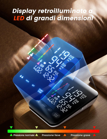 Misuratore di Pressione, Misuratore Pressione da Braccio Con schermo Retroilluminato a LED ad alta Risoluzione, per Circonferenza del Braccio da 22 a 42 CM, Memorizzazione di due Utenti 2 x 199