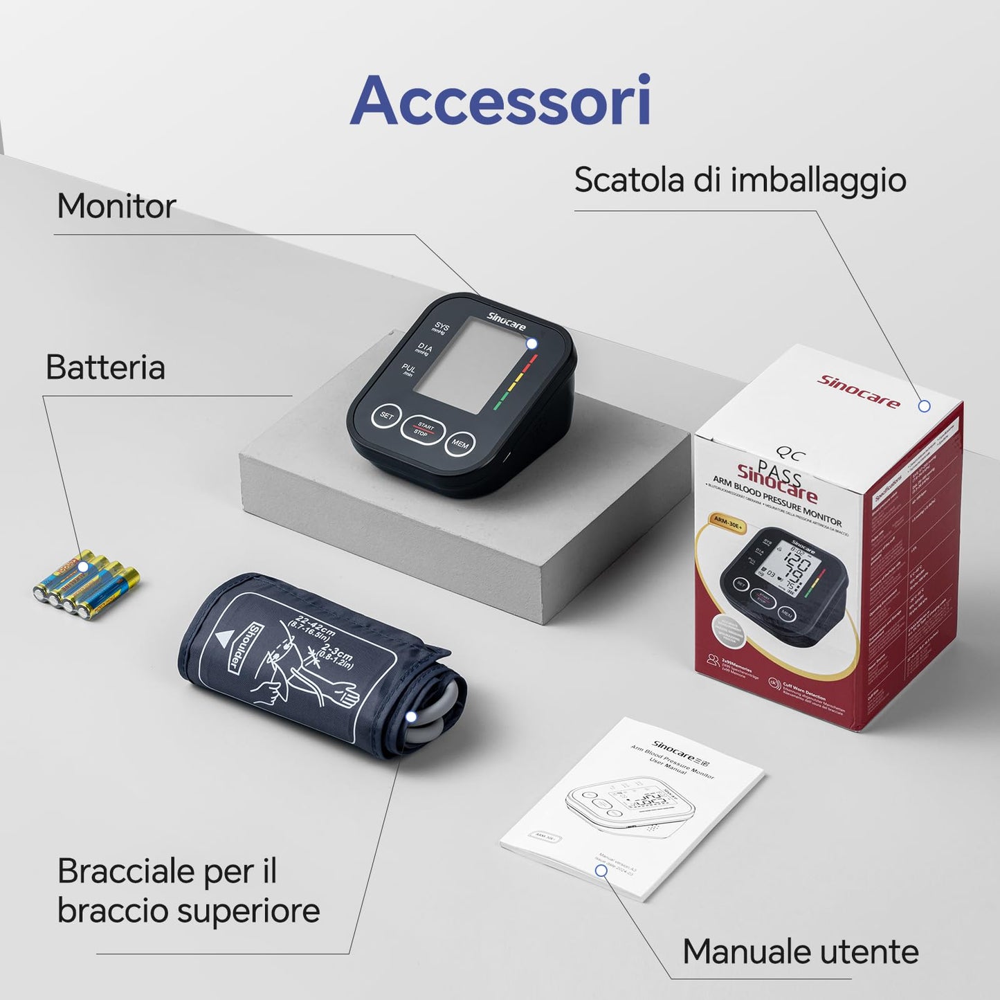 Sinocare Misuratore di Pressione da Braccio (22-42cm) con Indicatore di Rischio, Monitoraggio Domestico dell'Ipertensione, Modalità Doppio Utente con 2x99 Posizioni di Memoria, Rilevamento Aritmie