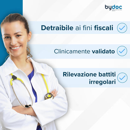 Misuratore Pressione da Braccio, Clinicamente Validato, Facile da usare, con App per Salvataggio Dati e monitoraggio Pressione Arteriosa e Frequenza Cardiaca BYDOC