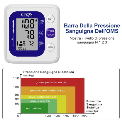 Gpzon B26 Misuratore di Pressione Braccio bracciale Macchina per polsini BP, Accurato kit automatico per alta pressione sanguigna, Bianco/Blu, Con polsino largo 22-40 cm