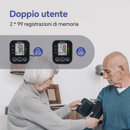Sinocare Misuratore di Pressione da Braccio (22-42cm) con Indicatore di Rischio, Monitoraggio Domestico dell'Ipertensione, Modalità Doppio Utente con 2x99 Posizioni di Memoria, Rilevamento Aritmie