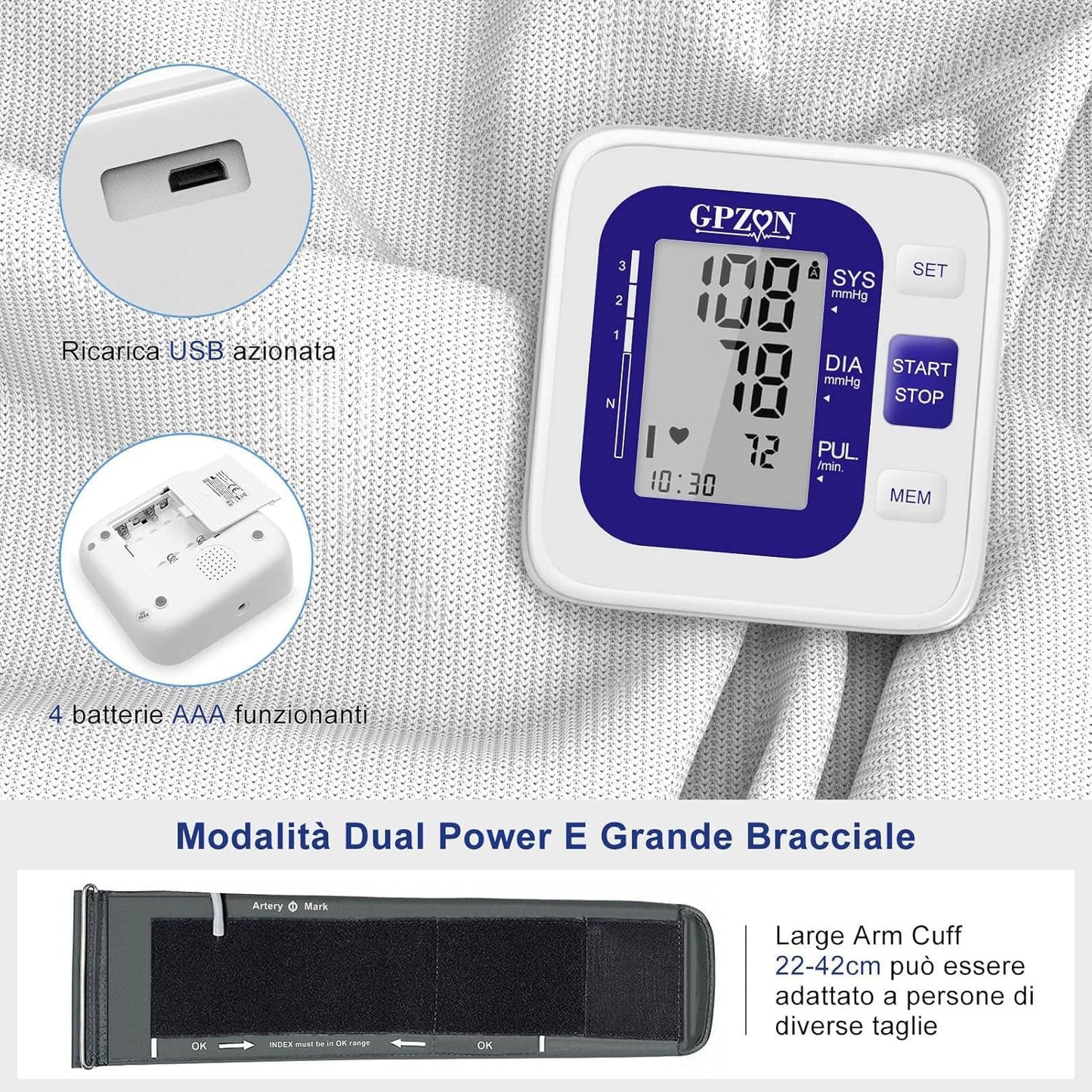 Gpzon B26 Misuratore di Pressione Braccio bracciale Macchina per polsini BP, Accurato kit automatico per alta pressione sanguigna, Bianco/Blu, Con polsino largo 22-40 cm
