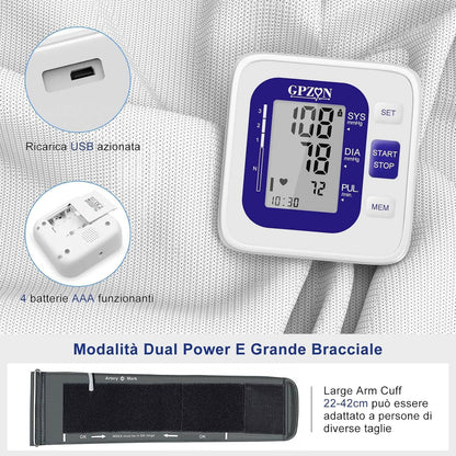 Gpzon B26 Misuratore di Pressione Braccio bracciale Macchina per polsini BP, Accurato kit automatico per alta pressione sanguigna, Bianco/Blu, Con polsino largo 22-40 cm